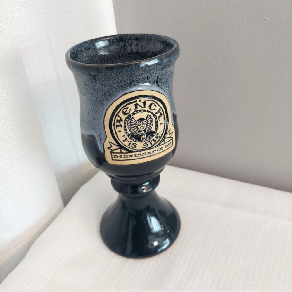 Wrench Tis She Stoneware Goblet Pedestal Renaissance Drip Glaze Cup Mug 1998